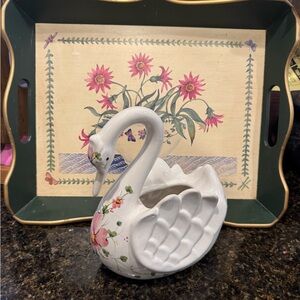 Vintage Safaril Hand Painted Floral Ceramic Swan with Wooden Floral Painted Tray